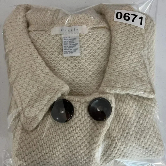 Gracie Women S Knit Cream Cropped Sweater 3/4 Sleeves Wool Cashmere Blend Jacket - Picture 15 of 15